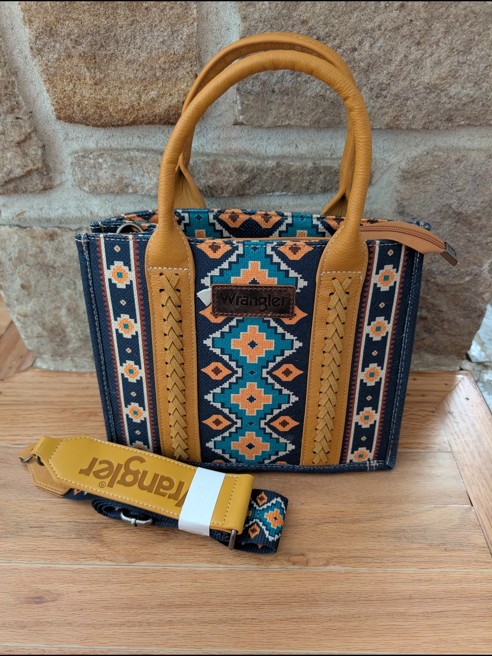 Wrangler Teal & Mustard Geometric Pattern Satchel Boho Western
